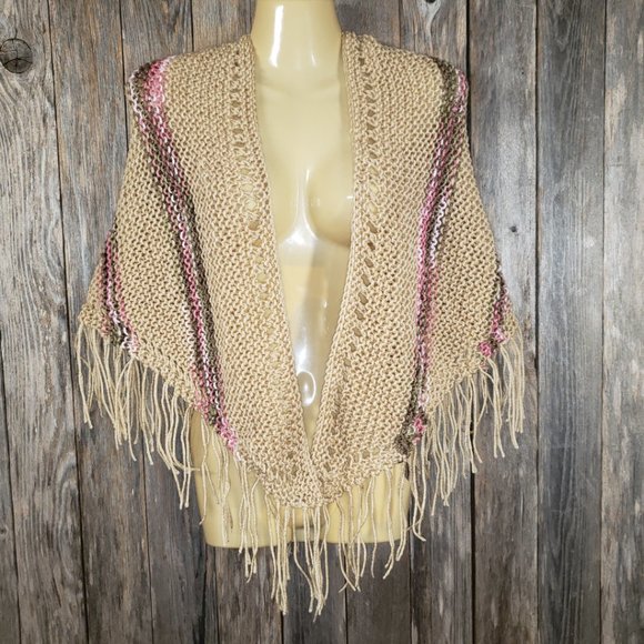 Beige Pink Multi Hand Knitted New Shawl Wrap Scarf - Picture 2 of 5